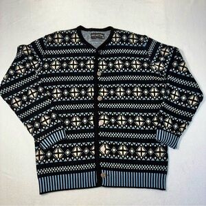 Demetre Vintage Men’s Pure Virgin Wool Cardigan Sweater Blue Black Cream Large